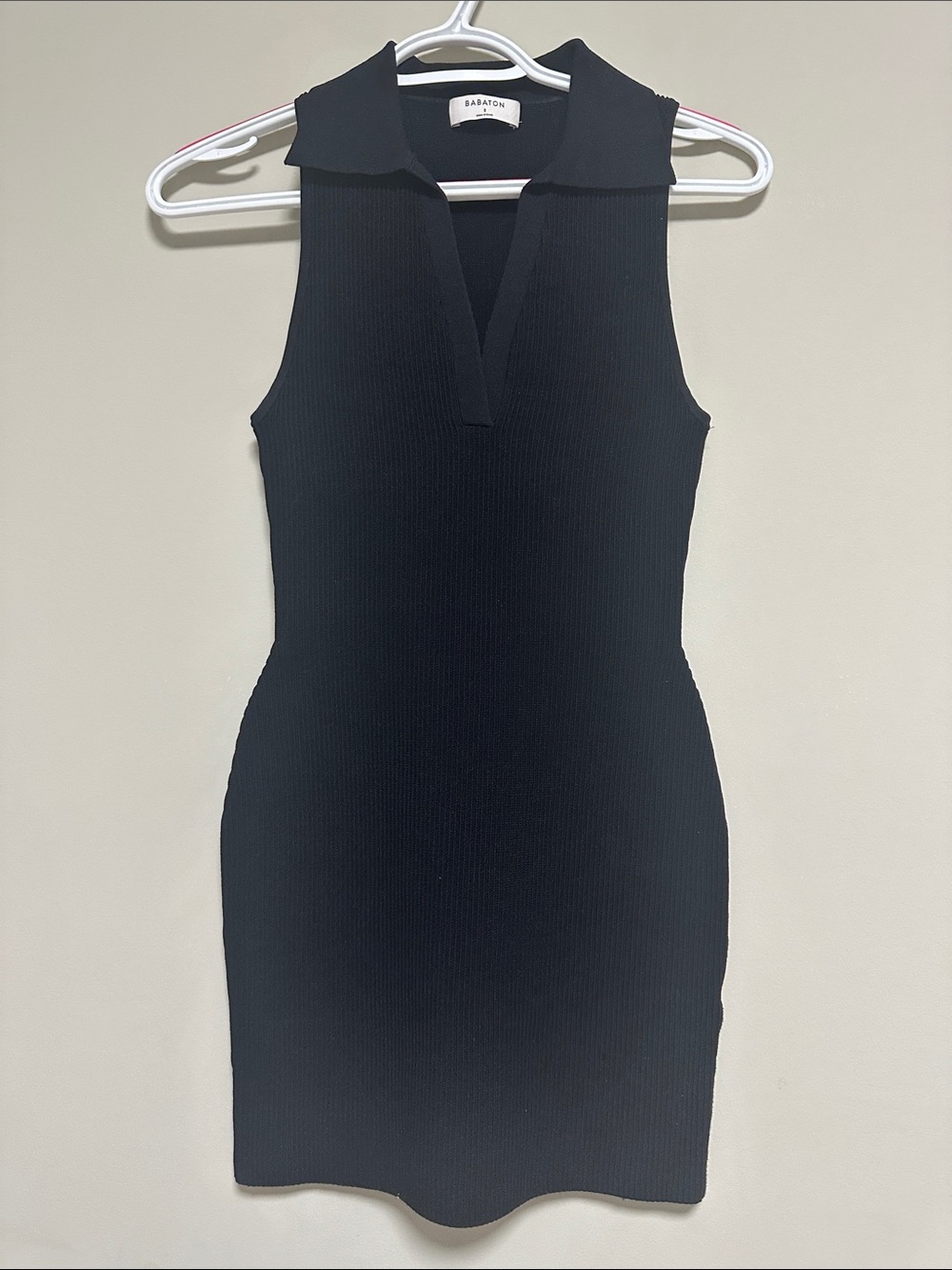 Babaton Black Ribbed Sleeveless Collared Mini Dress